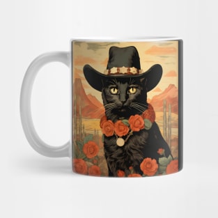 Retro Vintage Cowboy Black Cat - Whiskered Wild West Adventure Mug